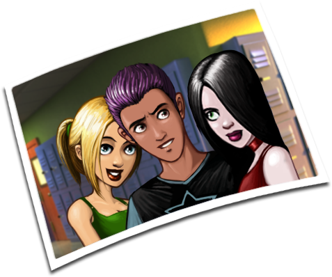 Three students in a high school hallway